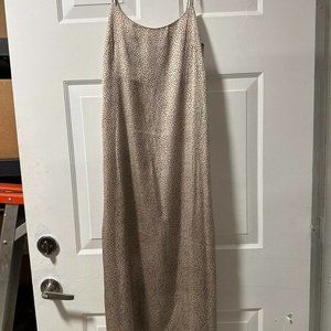 Mango Womens Satin Animal Print Maxi Dress with Slit Sleeveless Tan Size 4